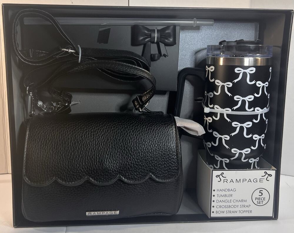 Rampage 5 Piece Gift Set Black Crossbody Bag 30oz Tumbler Bow Charm NWT